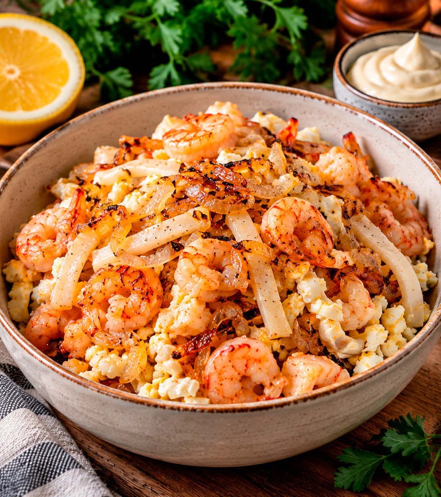 Салат с кальмарами и креветками, жареным луком и яйцом